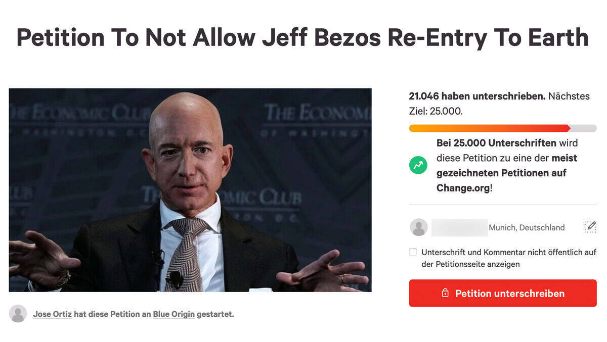 Jeff Bezos zum Mond schießen – für immer? Dafür läuft jetzt eine Petition.