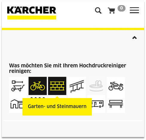 Tooltips erschweren die Bedienung in der mobilen Ansicht. Quelle: www.kaercher.de