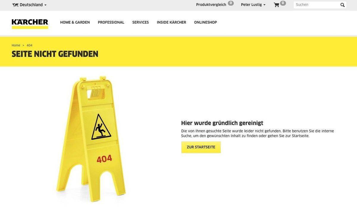 Schön und sympathisch umgesetzt: Eine 404 Error-Seite im Kontext der Webseite. Quelle: www.kaercher.de