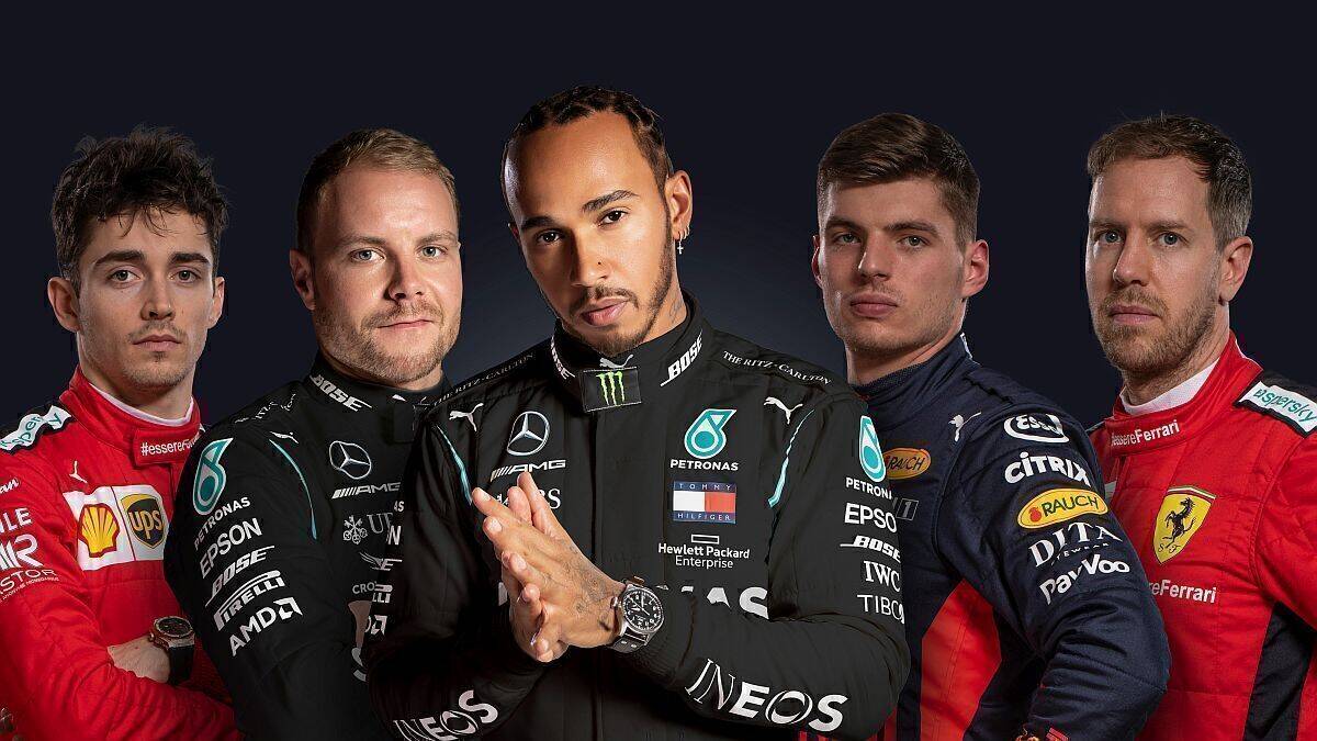 Die Formel 1 hat eine neue Heimat gefunden - bei Youtube. V.l.n.r.:  Charles Leclerc, Valtteri Bottas, Lewis Hamilton, Max Verstappen, Sebastian Vettel.