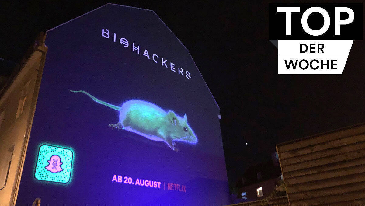 Leuchtende Mäuse werben in München für die Netflix-Serie Biohackers.