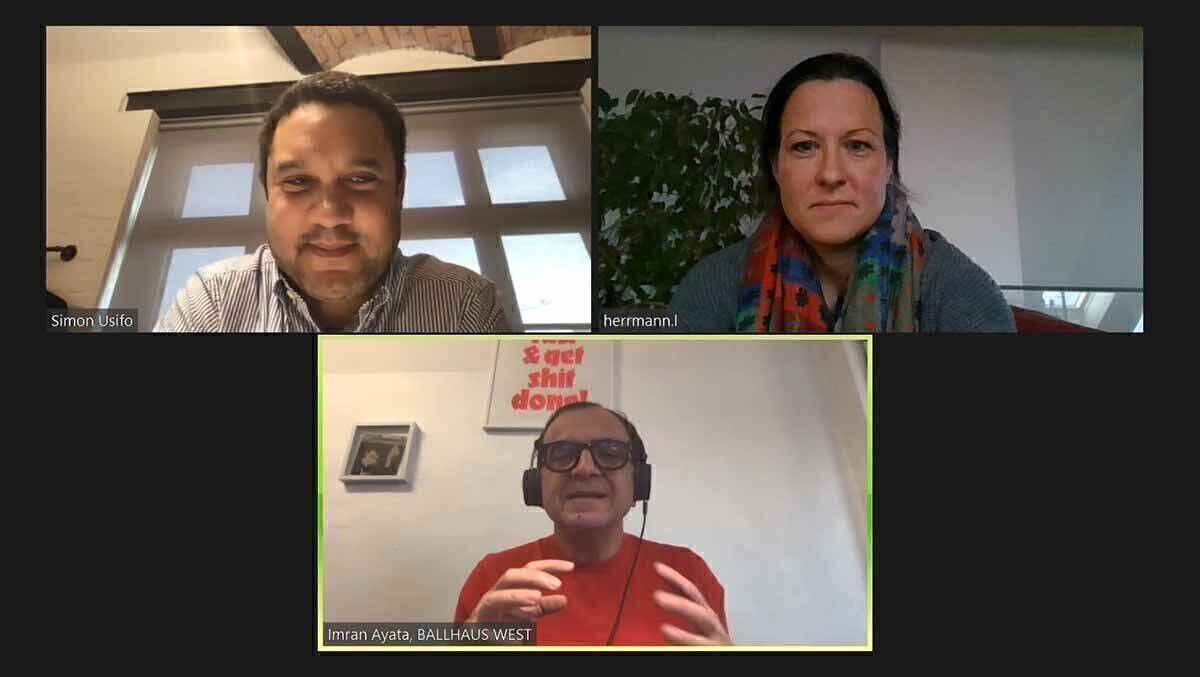 Simon Usifo (oben rechts) und Imran Ayata (unten) im digitalen Talk mit W&V-Redakteurin Lena Herrmann