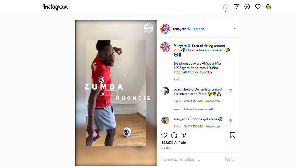 In Krisenzeiten ohne Live-Sport ist es ratsam, neuere Tools und Funktionen von Social-Media-Plattformen zu nutzen, um mit den Fans zu interagieren: Alphonso Davies, aufstrebender Jungstar des FC Bayern München, beispielsweise tanzt mit der Community auf Instagram und TikTok Fußball-Zumba.